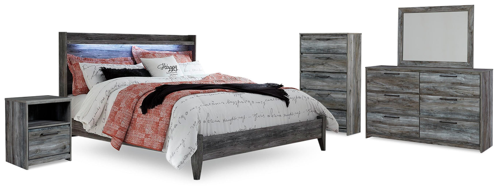 Baystorm Gray King Panel Bed, Dresser, Mirror, Chest and Nightstand