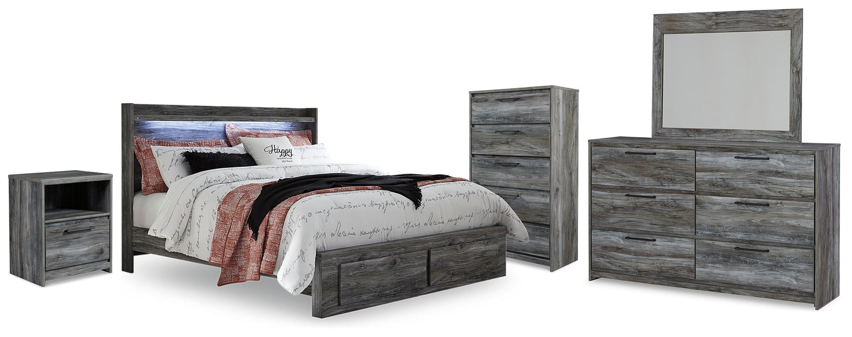 Baystorm Gray King Panel Storage Bed, Dresser, Mirror, Chest and Nightstand