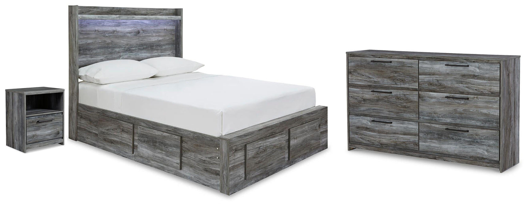Baystorm Gray Full Panel Storage Bed, Dresser and Nightstand