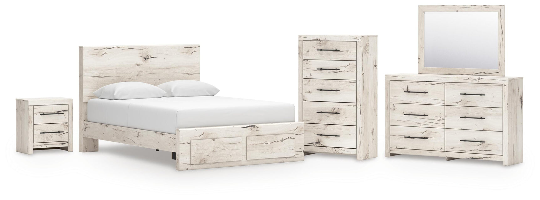 Lawroy Light Natural Queen Panel Storage Bed, Dresser, Mirror, Chest and Nightstand