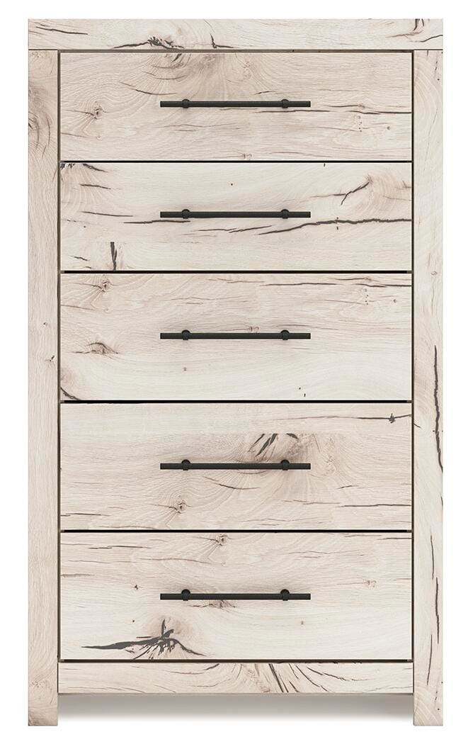 Lawroy Light Natural Queen Panel Storage Bed, Dresser, Mirror, Chest and Nightstand