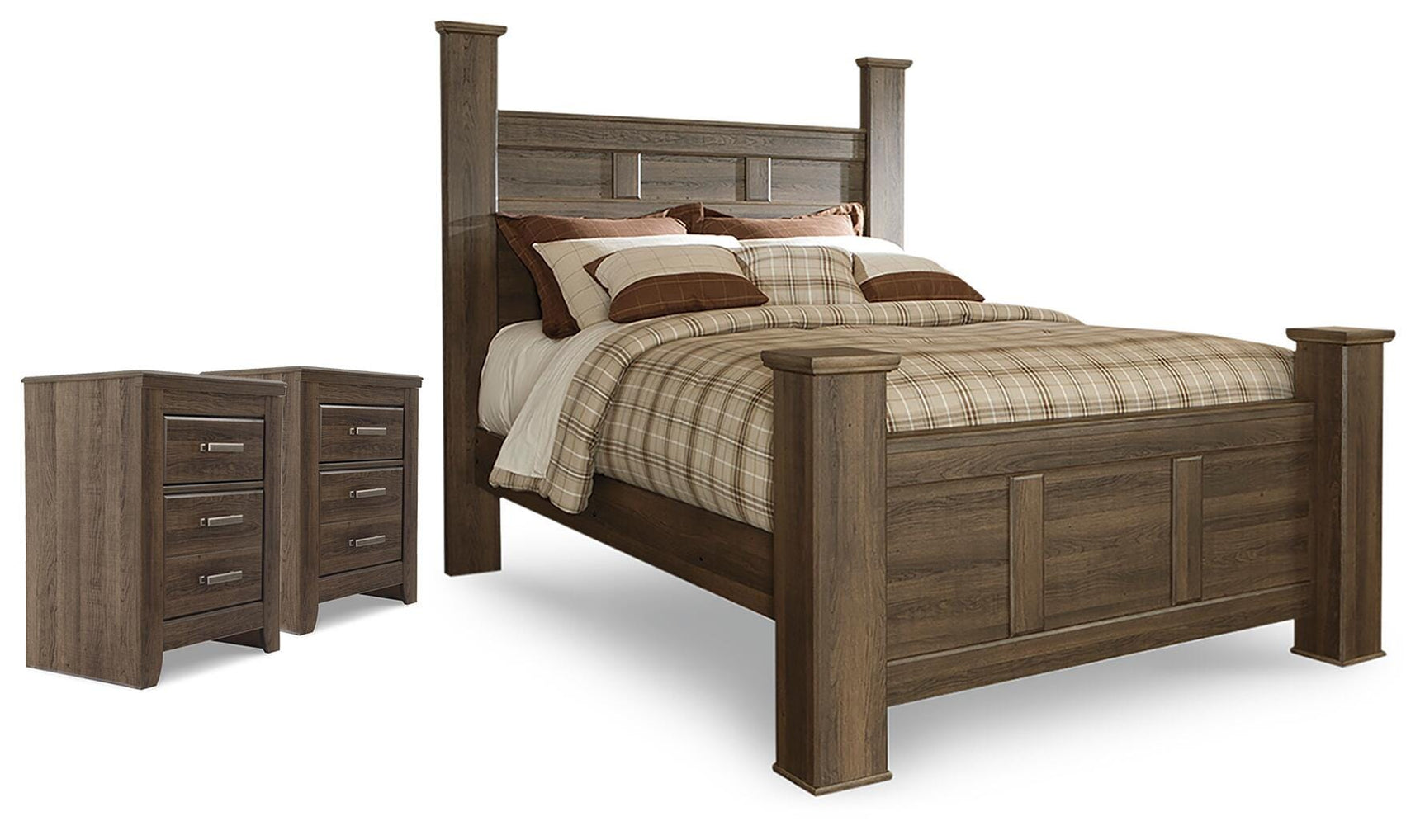Juararo Dark Brown Queen Poster Bed, and 2 Nightstands
