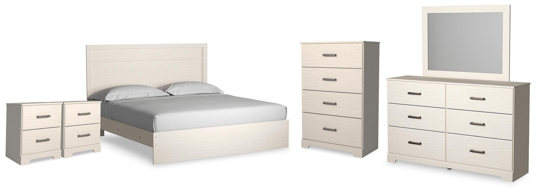Stelsie White King Panel Bed, Dresser, Mirror, Chest and 2 Nightstands (Online Special Price)