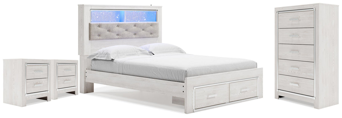 Altyra White Queen Bookcase Storage Bed, Chest and 2 Nightstands