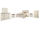 Willowton Whitewash Queen Panel Bedroom Set with Dresser, Mirror, Chest and 2 Nightstands - Ornate Home