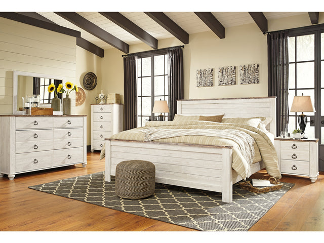 Willowton Whitewash King Panel Bedroom Set with Dresser, Mirror, Chest and 2 Nightstands - Ornate Home