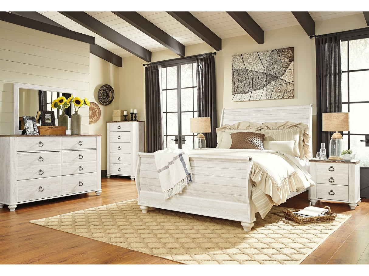 Willowton Whitewash Queen Sleigh Bedroom Set with 2 Dressers, Mirror, Chest and 2 Nightstands - Ornate Home