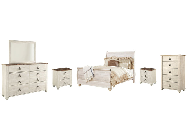 Willowton Queen Sleigh Bedroom Set with Dresser, Mirror, Chest and 2 Nightstands - Ornate Home