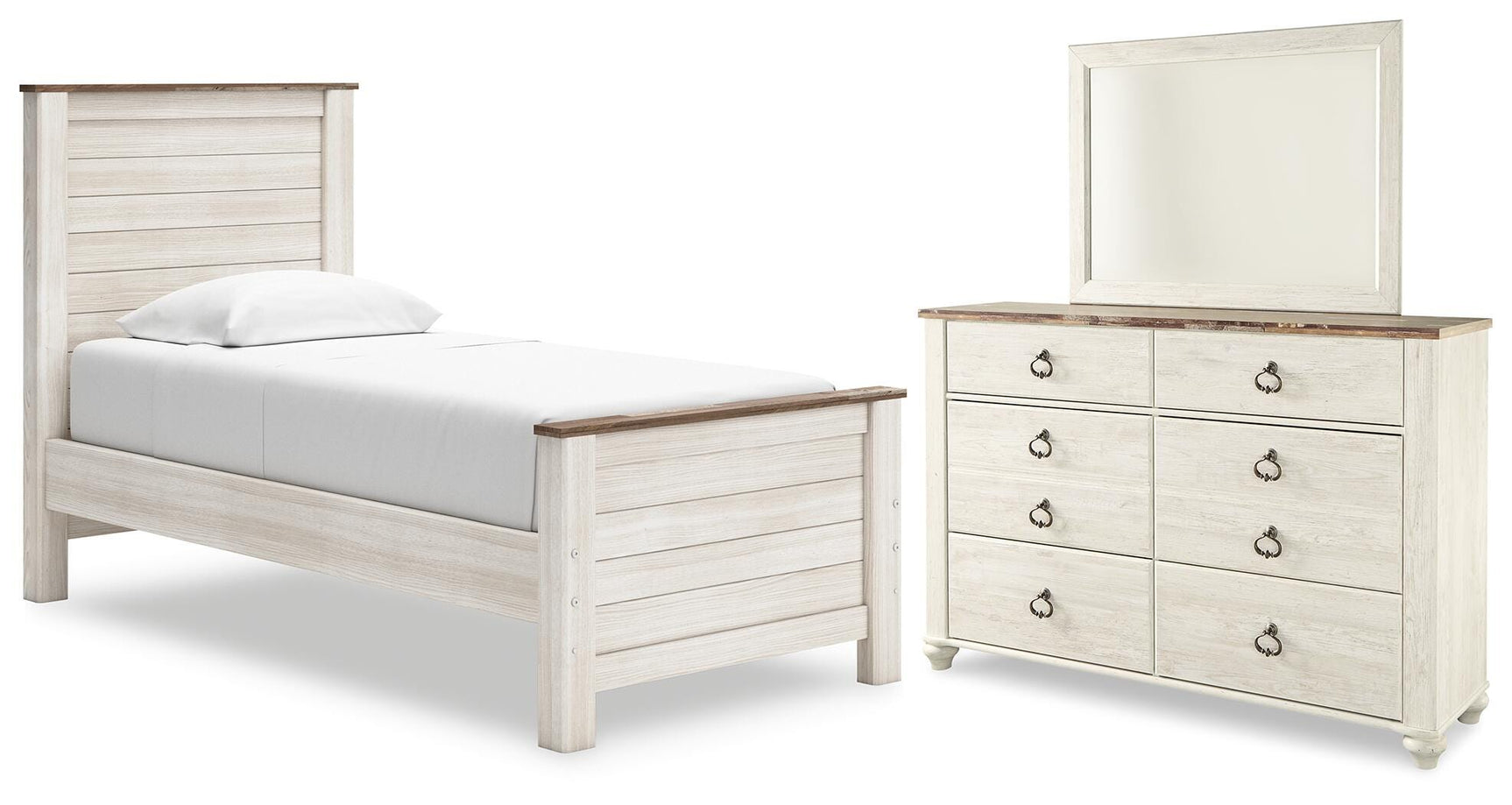 Willowton Whitewash Twin Panel Bed, Dresser and Mirror (Online Special Price)