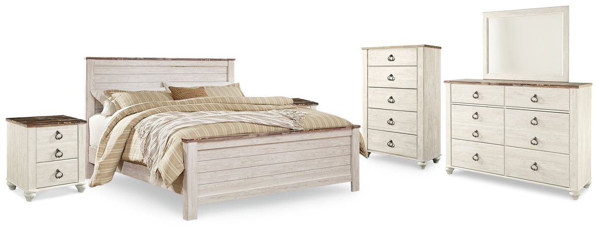 Willowton Whitewash King Panel Bedroom Set with Dresser, Mirror, Chest and 2 Nightstands - Ornate Home