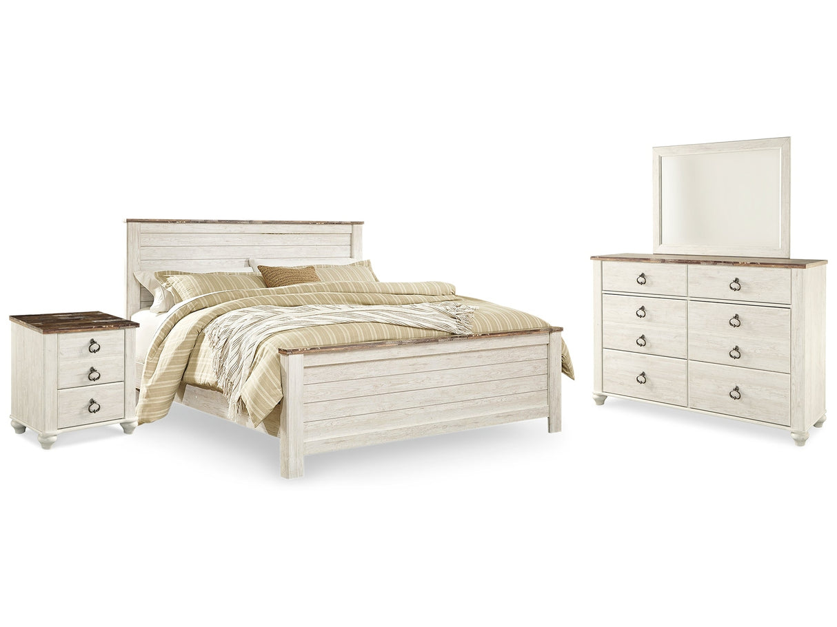 Willowton Whitewash King Panel Bedroom Set with Dresser, Mirror, and Nightstand - Ornate Home