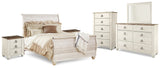 Willowton Whitewash Queen Sleigh Bedroom Set with 2 Dressers, Mirror, Chest and 2 Nightstands - Ornate Home