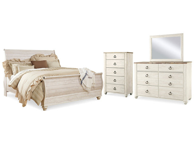 Willowton Whitewash King Sleigh Bedroom Set with Dresser, Mirror and Chest - Ornate Home