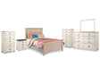 Willowton Whitewash Full Panel Bedroom Set with Dresser, Mirror, 2 Chests and nightstand - Ornate Home