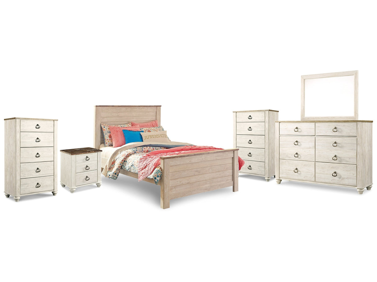 Willowton Whitewash Full Panel Bedroom Set with Dresser, Mirror, 2 Chests and nightstand - Ornate Home