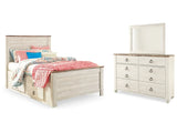 Willowton Whitewash Full Panel Bedroom Set with Storage, Dresser and Mirror - Ornate Home