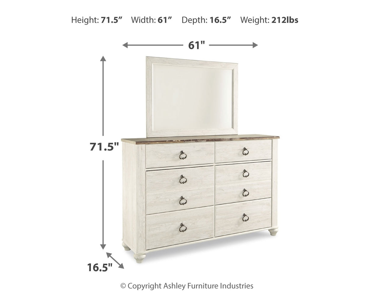 Willowton Whitewash Full Panel Bedroom Set with Dresser, Mirror, 2 Chests and nightstand - Ornate Home