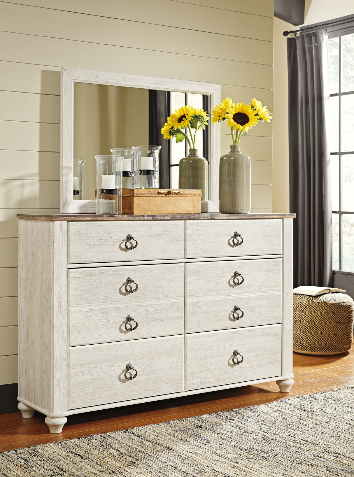 Willowton Whitewash Full Panel Bedroom Set with Storage, Dresser and Mirror - Ornate Home