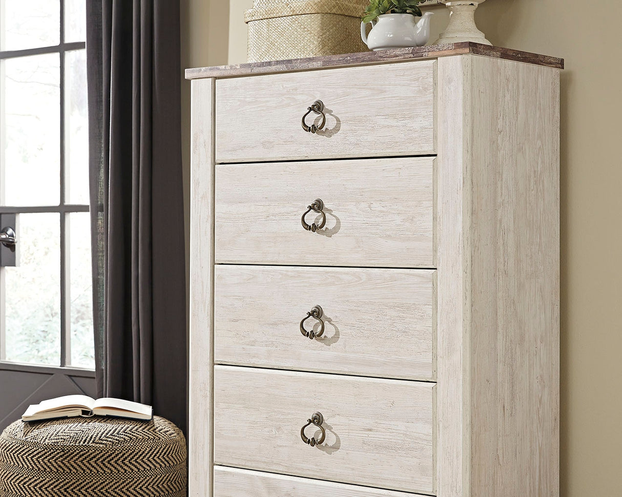 Willowton Whitewash Full Panel Bedroom Set with Dresser, Mirror, 2 Chests and nightstand - Ornate Home