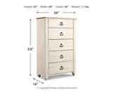 Willowton Whitewash King Panel Bedroom Set with Dresser, Mirror, Chest and 2 Nightstands - Ornate Home