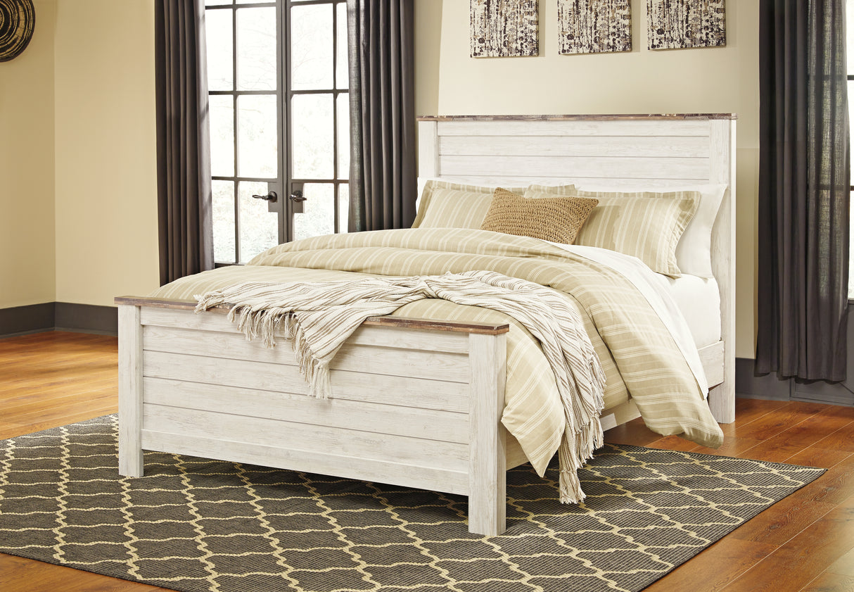 Willowton Whitewash Queen Panel Bedroom Set with Dresser, Mirror and 2 Nightstands - Ornate Home