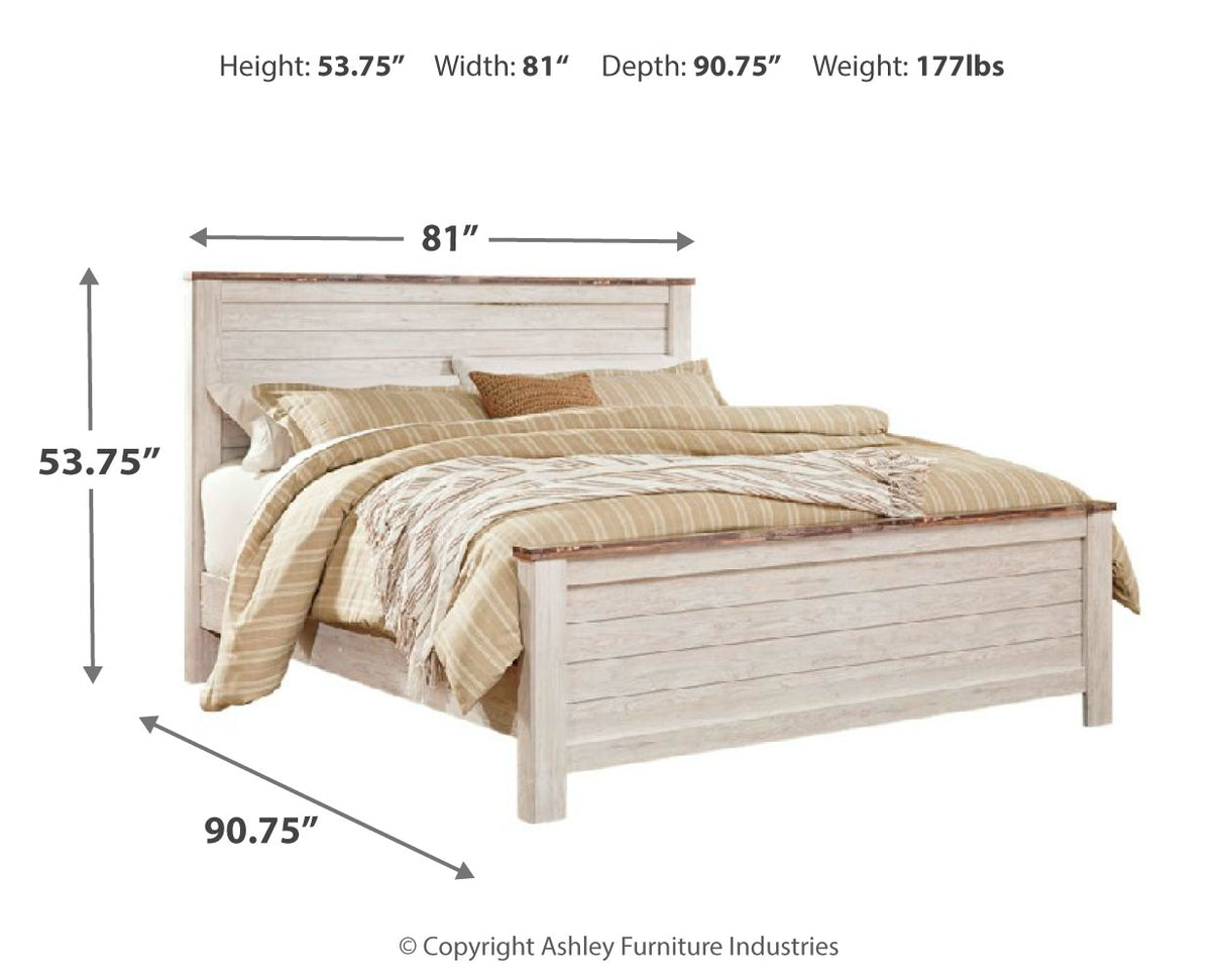 Willowton Whitewash King Panel Bedroom Set with Dresser, Mirror, Chest and 2 Nightstands - Ornate Home