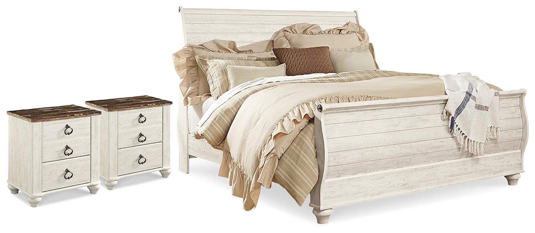 Willowton Whitewash King Sleigh Bed and 2 Nightstands (Online Special Price)