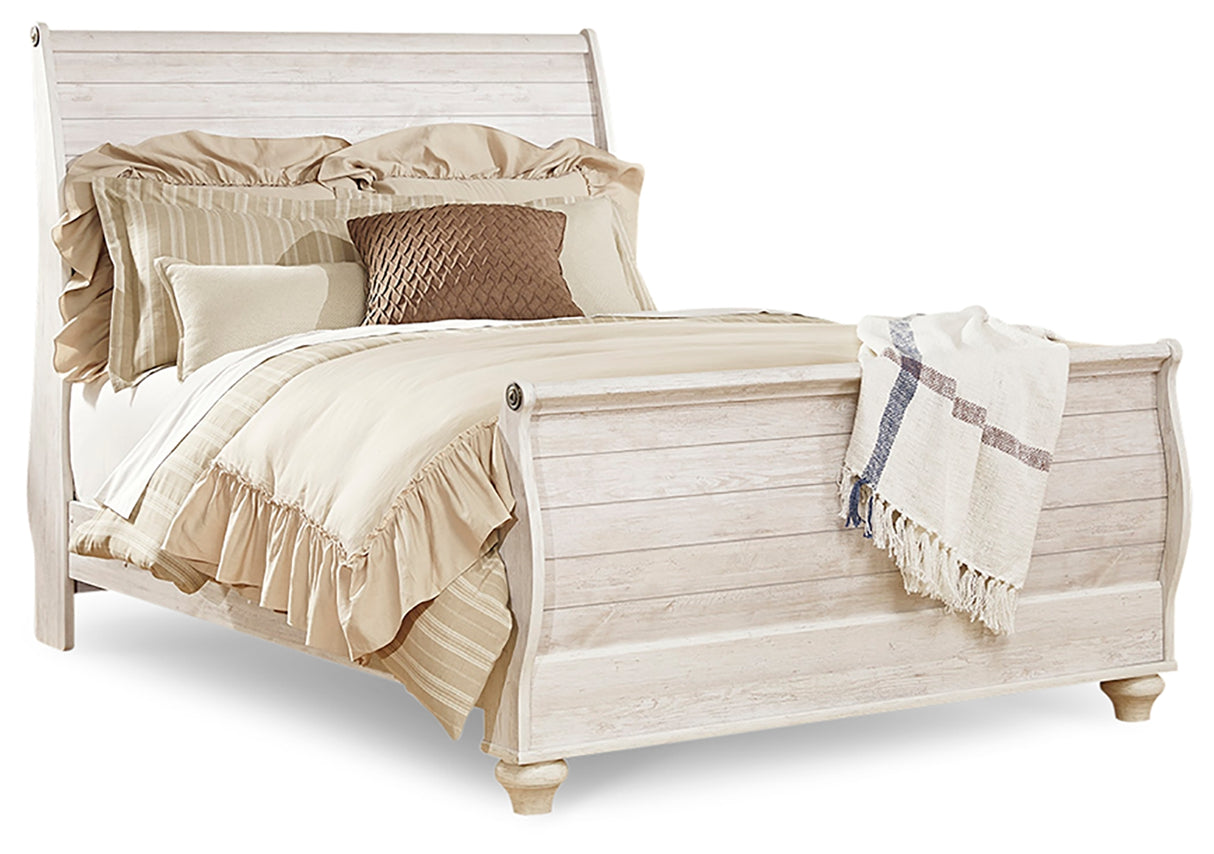 Willowton Whitewash Queen Sleigh Bedroom Set with Dresser, Mirror and 2 Nightstands - Ornate Home