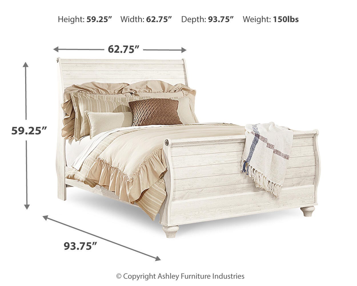 Willowton Whitewash Queen Sleigh Bed, Chest and Nightstand