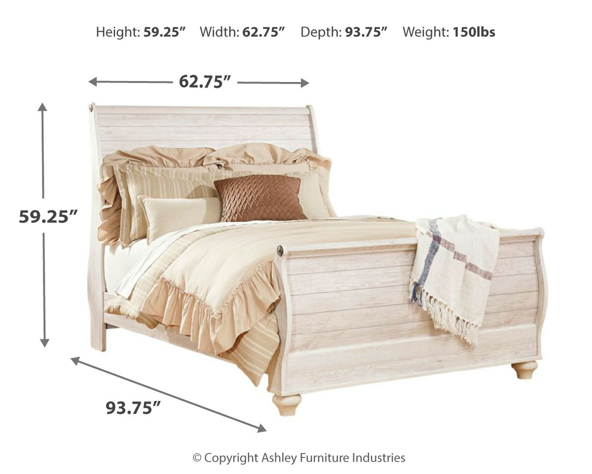 Willowton Whitewash Queen Sleigh Bedroom Set with Dresser, Mirror and 2 Nightstands - Ornate Home