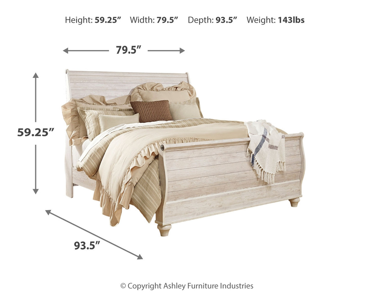 Willowton Whitewash King Sleigh Bedroom Set with Dresser, Mirror and 2 Nightstands - Ornate Home