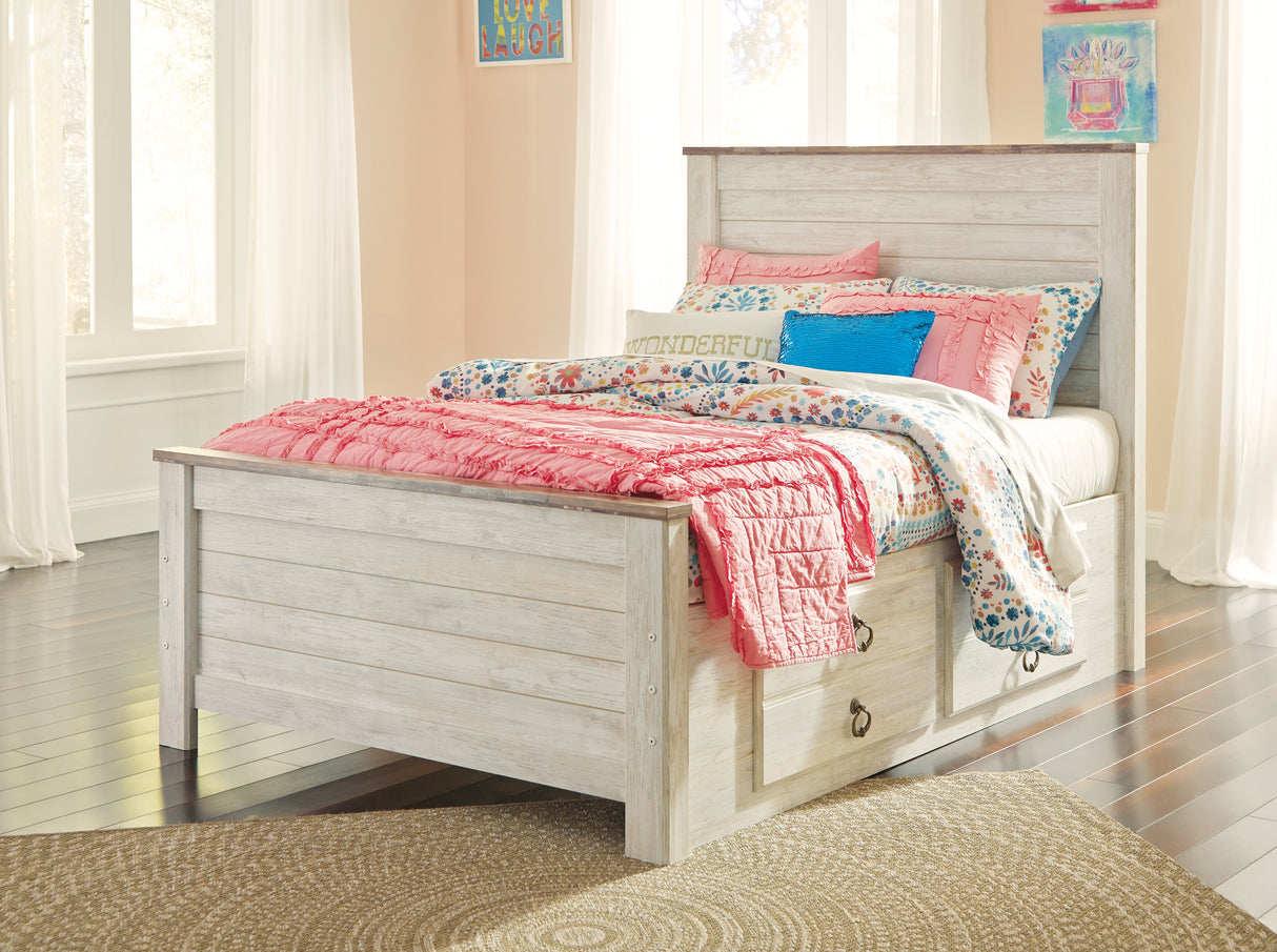 Willowton Whitewash Full Panel Bedroom Set with Storage, Dresser and Mirror - Ornate Home