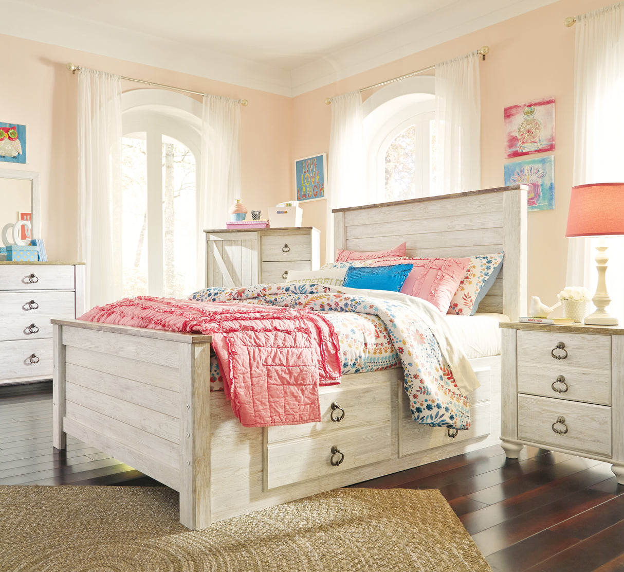 Willowton Whitewash Full Panel Bedroom Set with Storage, Dresser and Mirror - Ornate Home