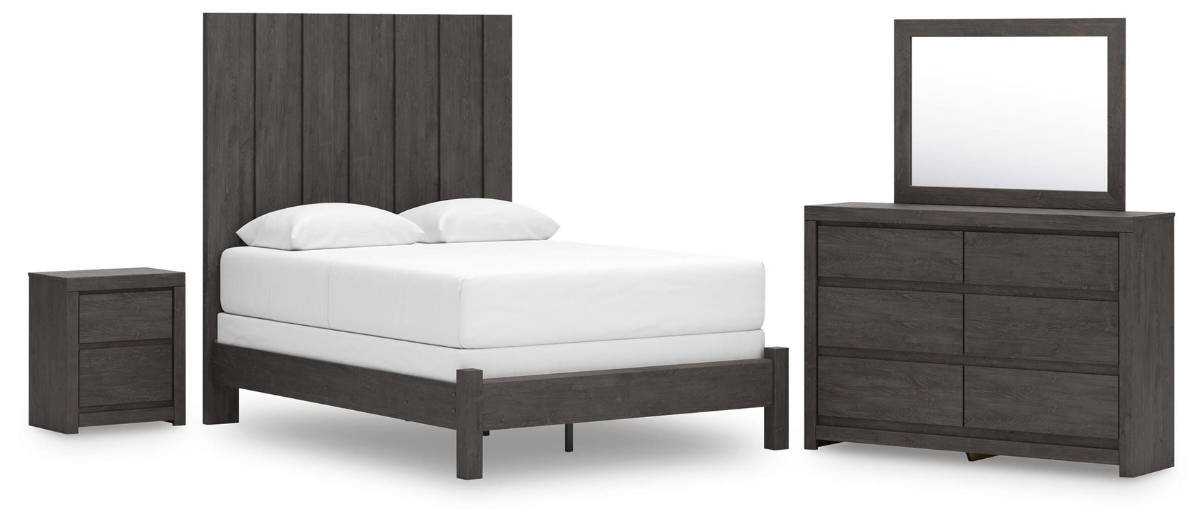 Fraluna Charcoal Queen Panel Bed, Dresser, Mirror, and Nightstand