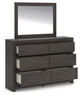 Fraluna Charcoal Queen Panel Bed, Dresser, Mirror, and Nightstand