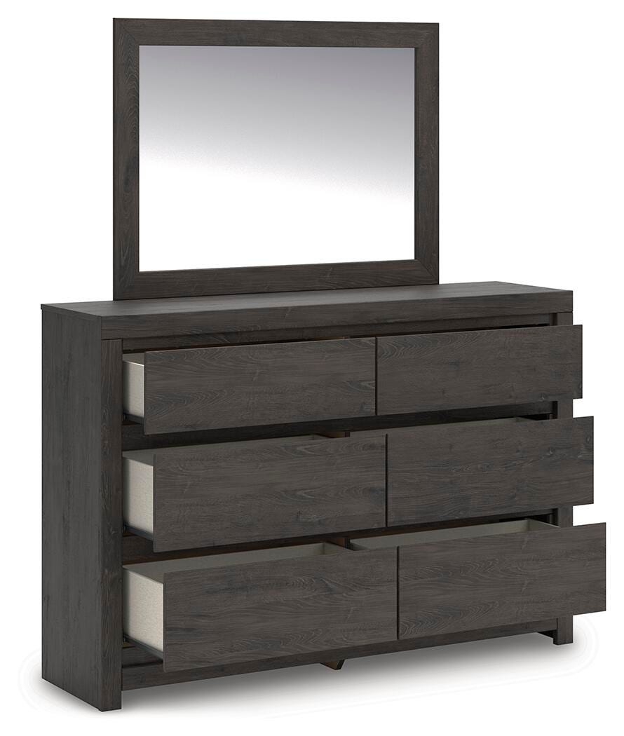 Fraluna Charcoal Queen Panel Bed, Dresser, Mirror, and Nightstand
