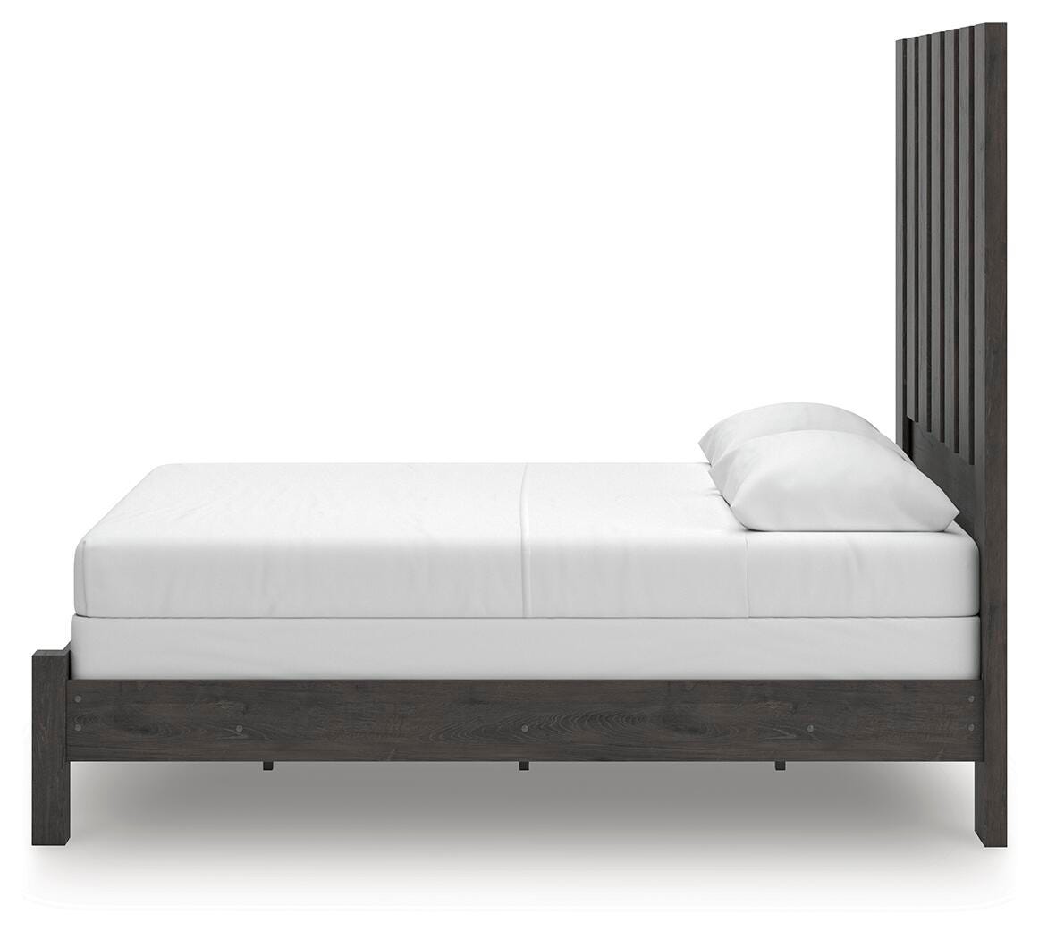 Fraluna Charcoal Queen Panel Bed, Dresser, Mirror, and Nightstand