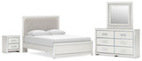 Zuraleus White Queen Upholstered Platform Bed, Dresser, Mirror and Nightstand