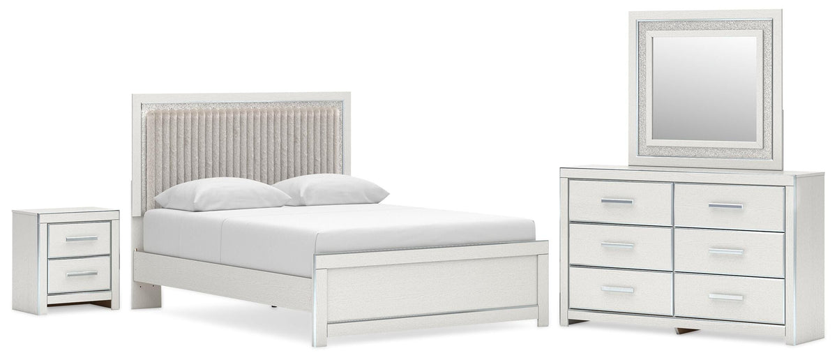Zuraleus White Queen Upholstered Platform Bed, Dresser, Mirror and Nightstand
