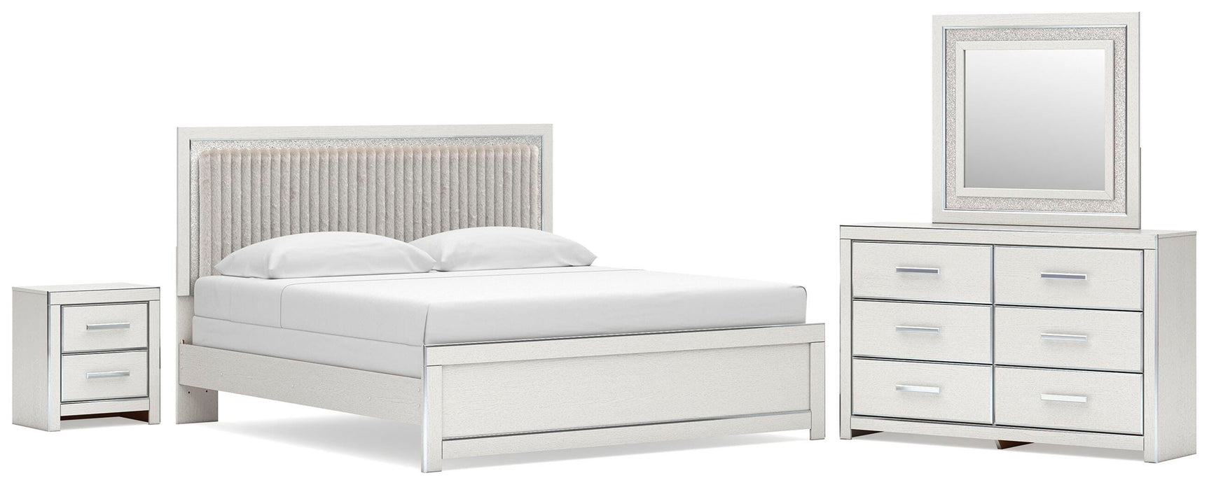 Zuraleus White King Upholstered Panel Bed, Dresser, Mirror and Nightstand (Online Special Price)