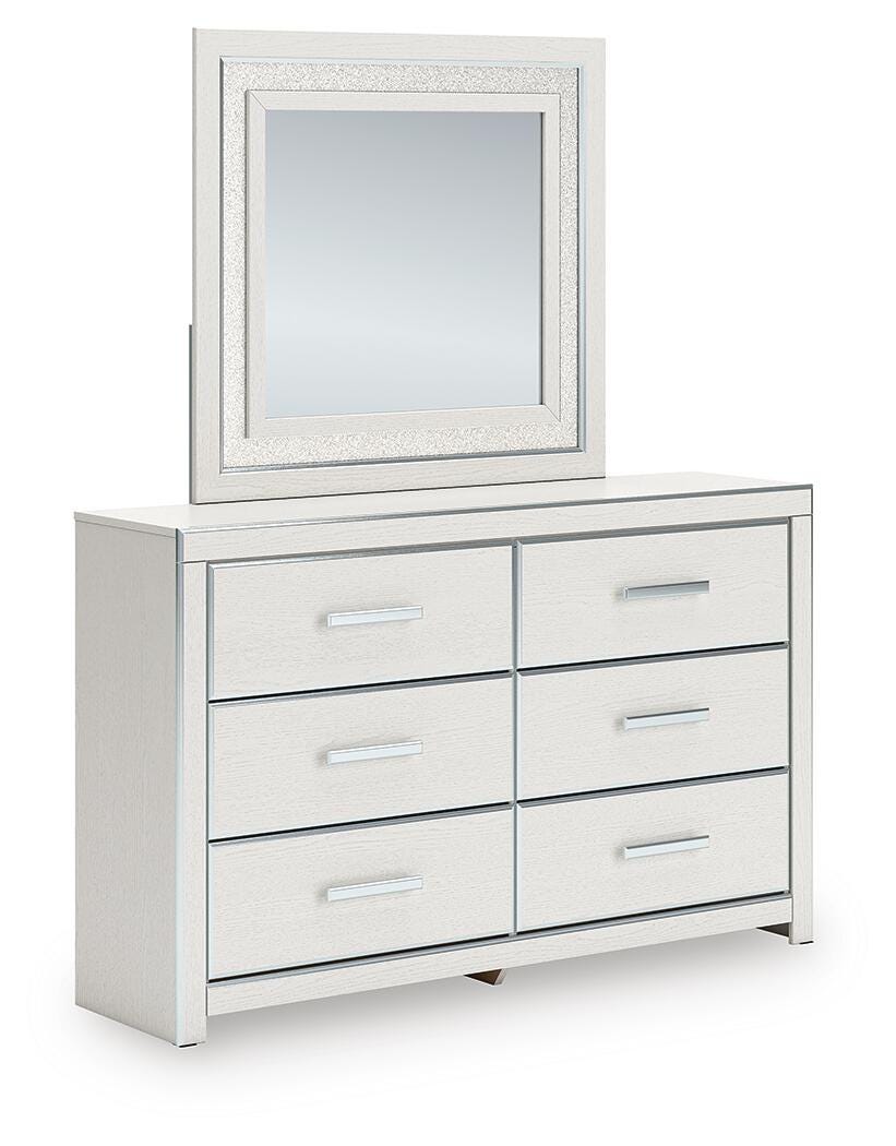 Zuraleus White King Upholstered Panel Bed, Dresser, Mirror and Nightstand (Online Special Price)