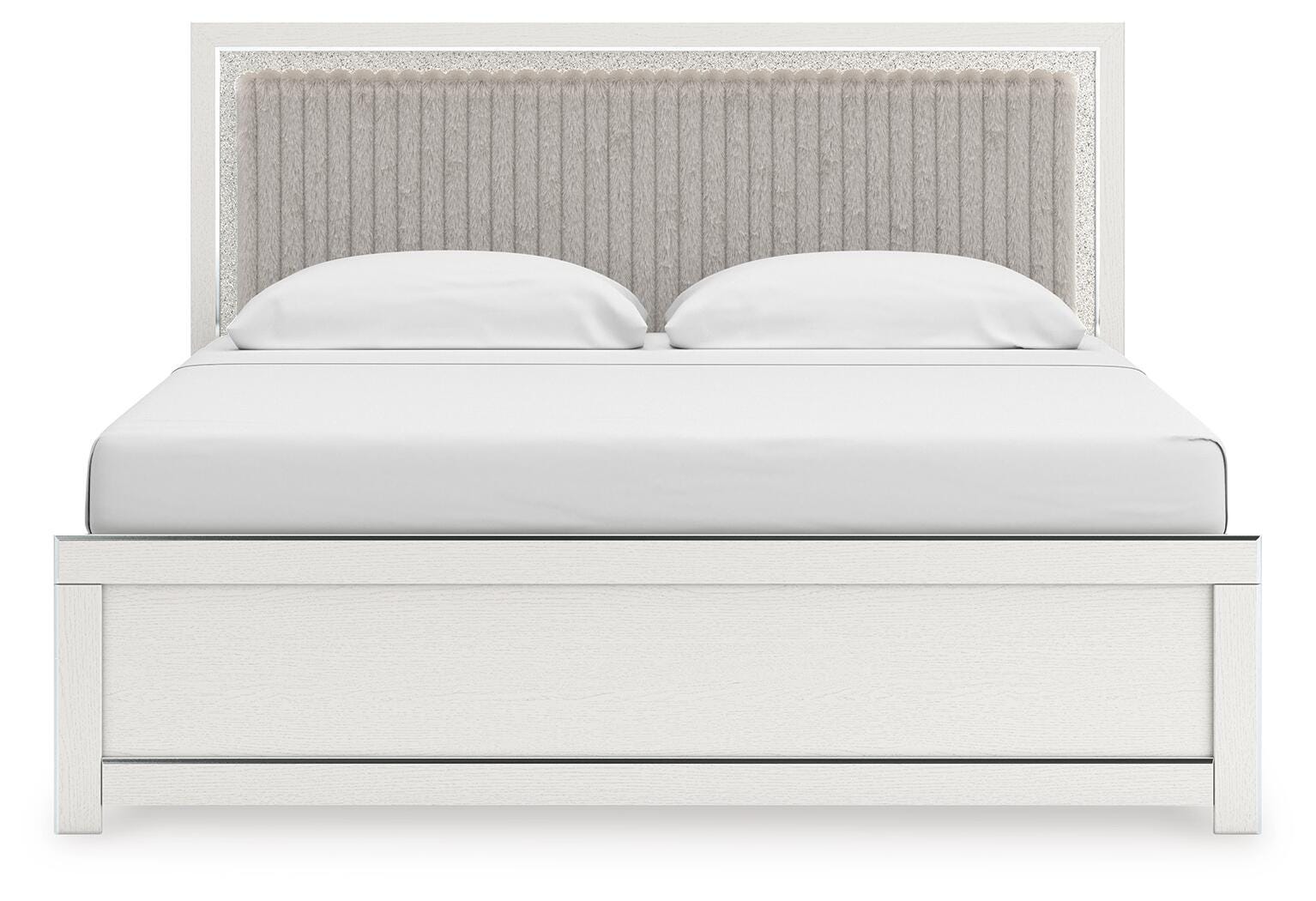Zuraleus White King Upholstered Panel Bed, Dresser, Mirror and Nightstand (Online Special Price)