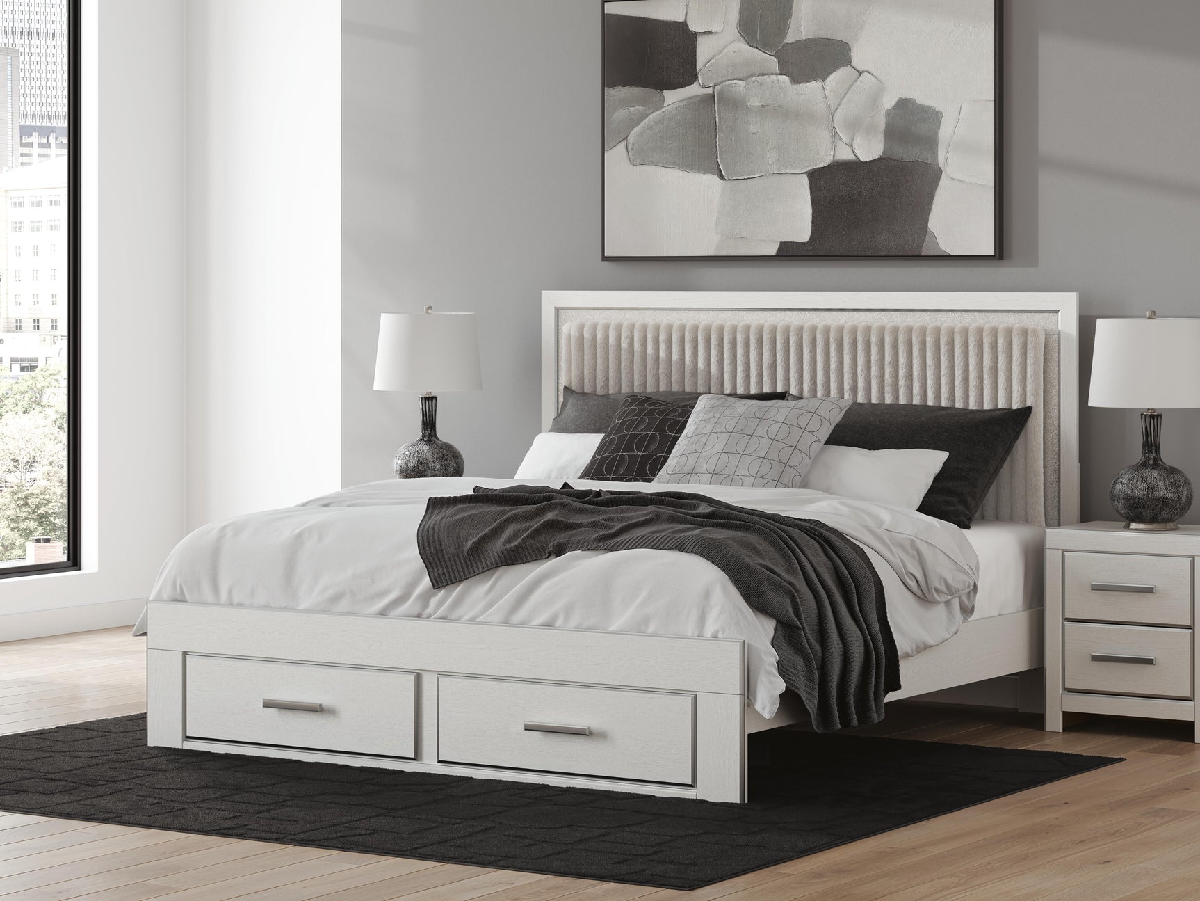 Birmonton White King Upholstered Panel Platform Storage Bed