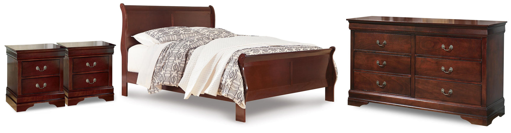 Alisdair Reddish Brown Queen Sleigh Bed, Dresser and 2 Nightstands
