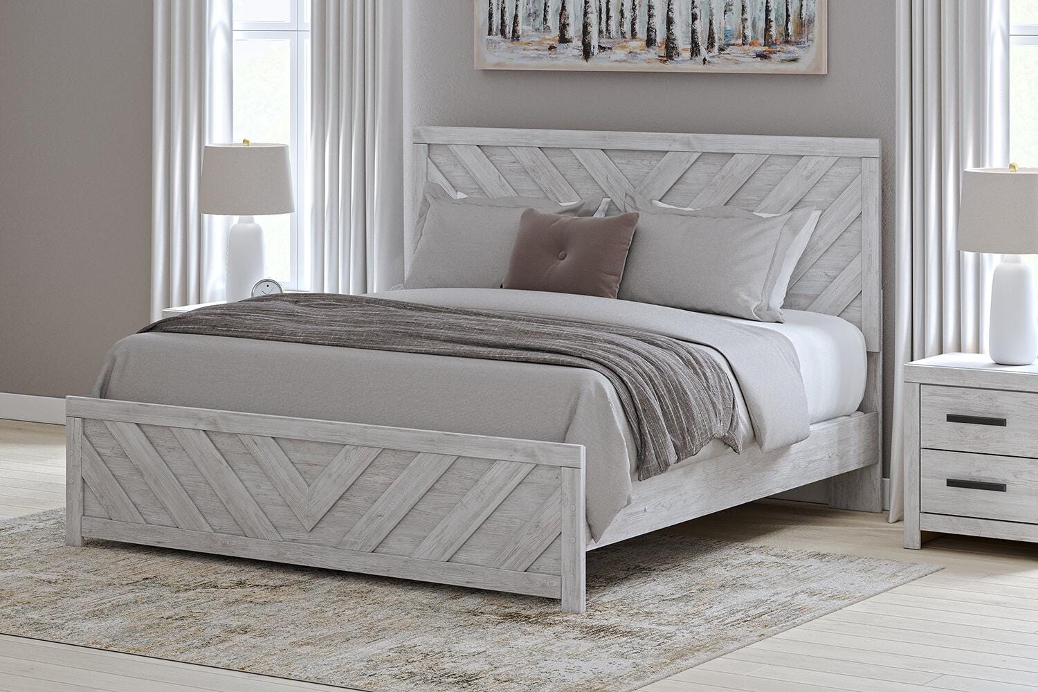 Cayboni Whitewash King Panel Bed, Dresser and Nightstand