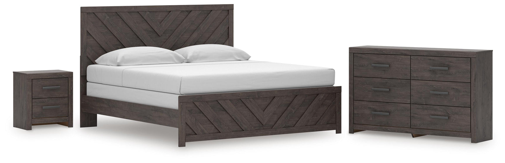 Prendonea Charcoal King Panel Bed, Dresser and Nightstand (Online Special Price)