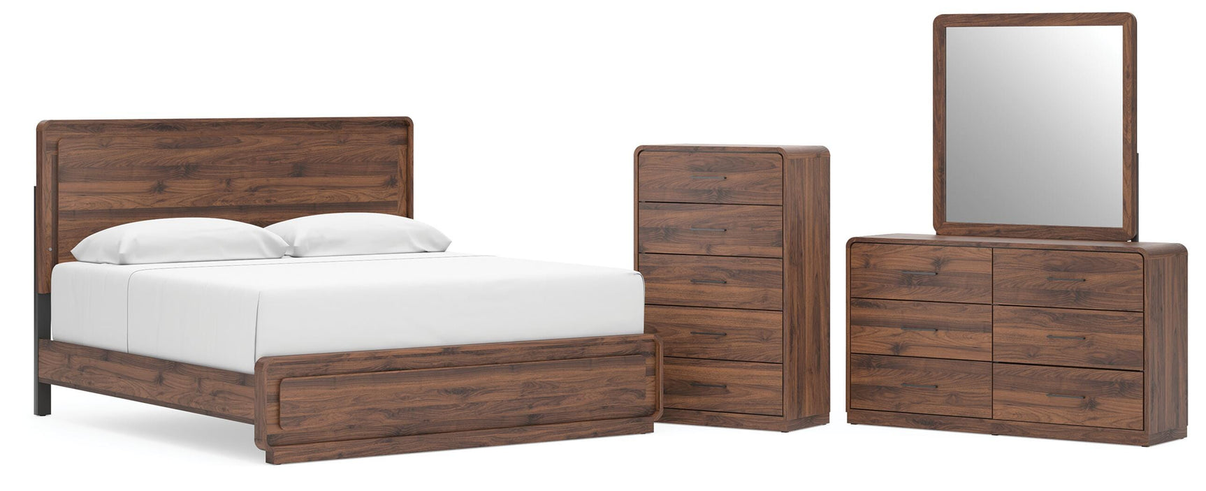 Fortlorn Walnut Brown King Panel Bed, Dresser, Mirror and Chest