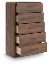 Fortlorn Walnut Brown King Panel Bed, Dresser, Mirror and Chest