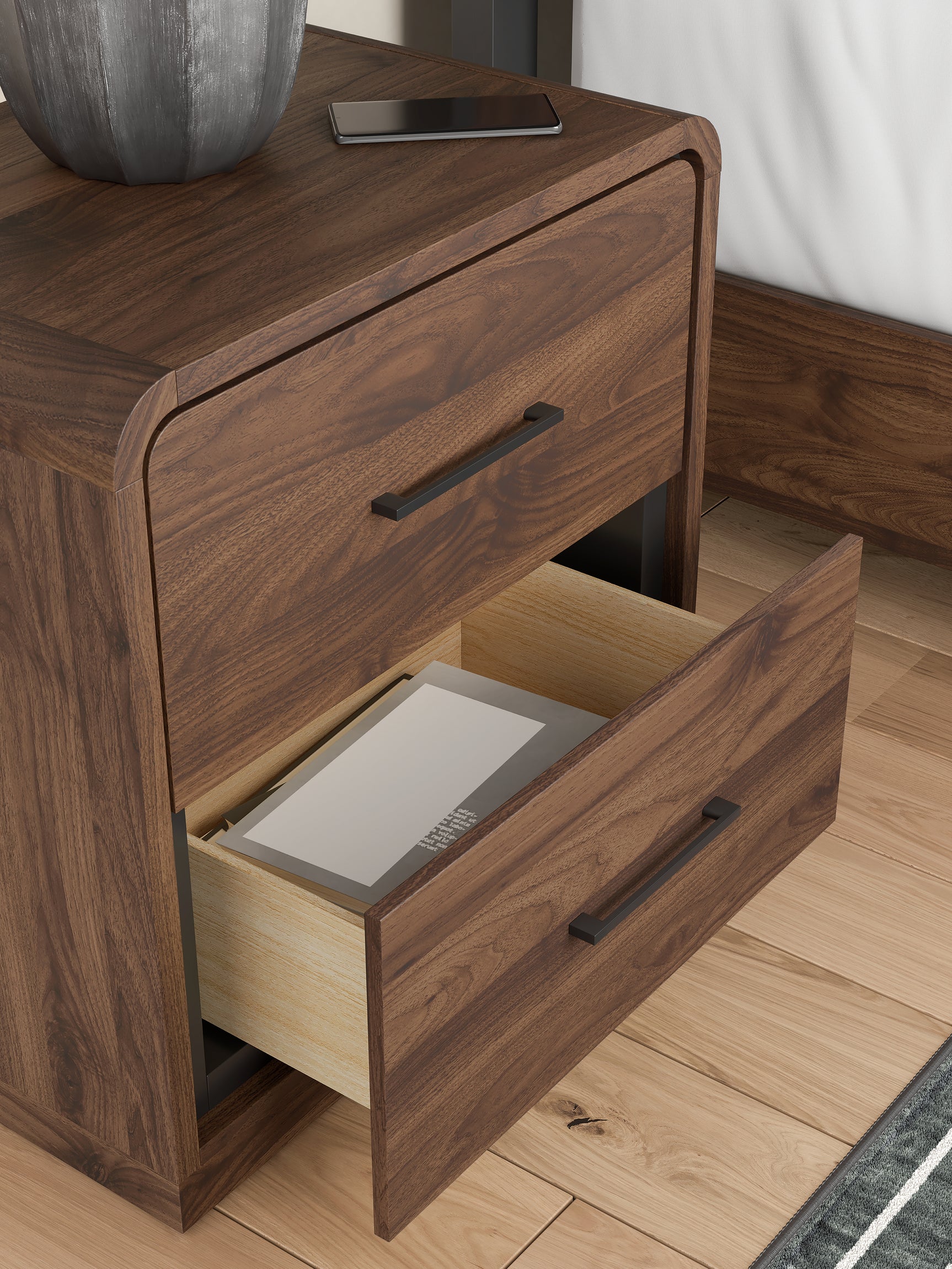 Fortlorn Walnut Brown King Panel Bed, Dresser and Nightstand