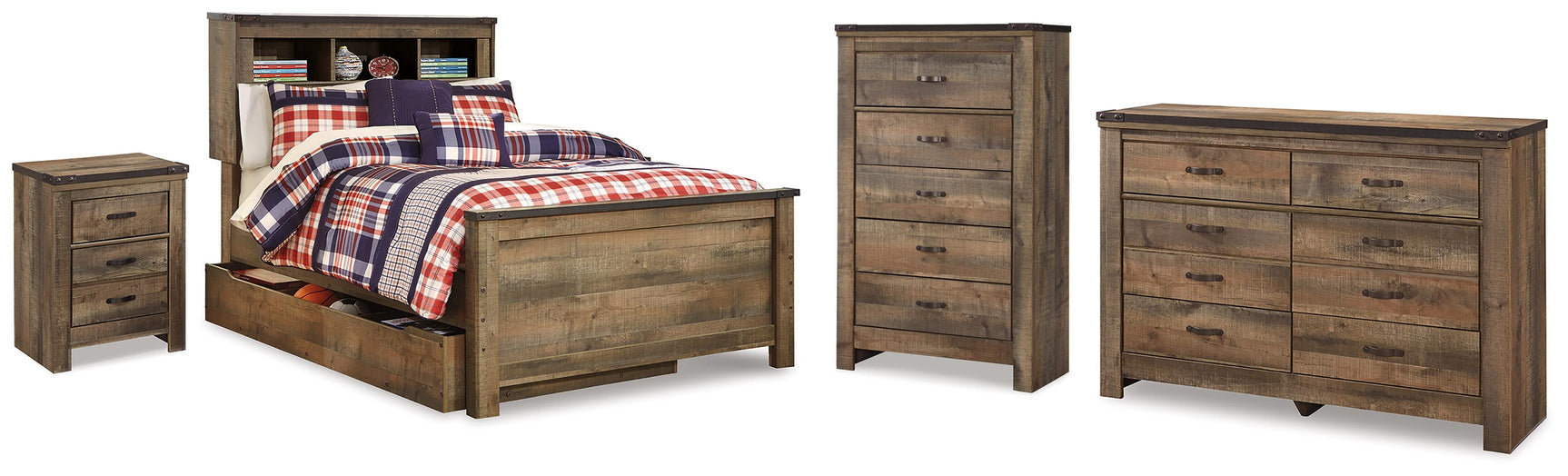 Trinell Brown Full Bookcase Storage Bed, Dresser, Chest and Nightstand